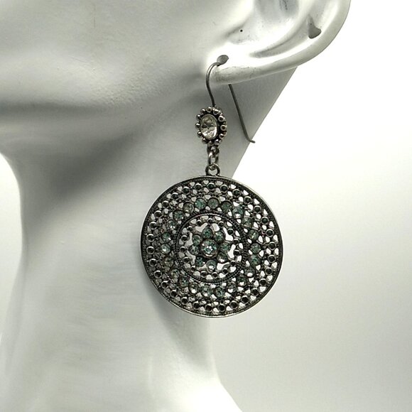Circular Rhinestone Dangle Earrings Filigree Silver-tone Metal - Picture 7 of 9